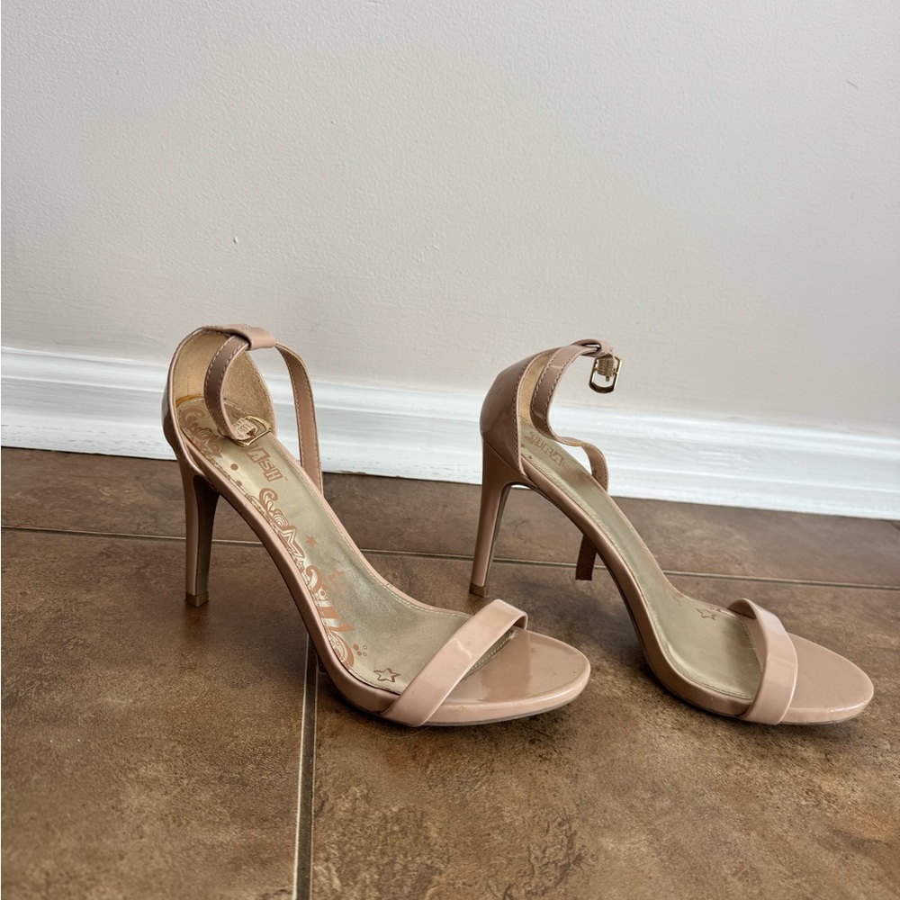 Brash Nude Patent Open-Toe Ankle Strap Heels